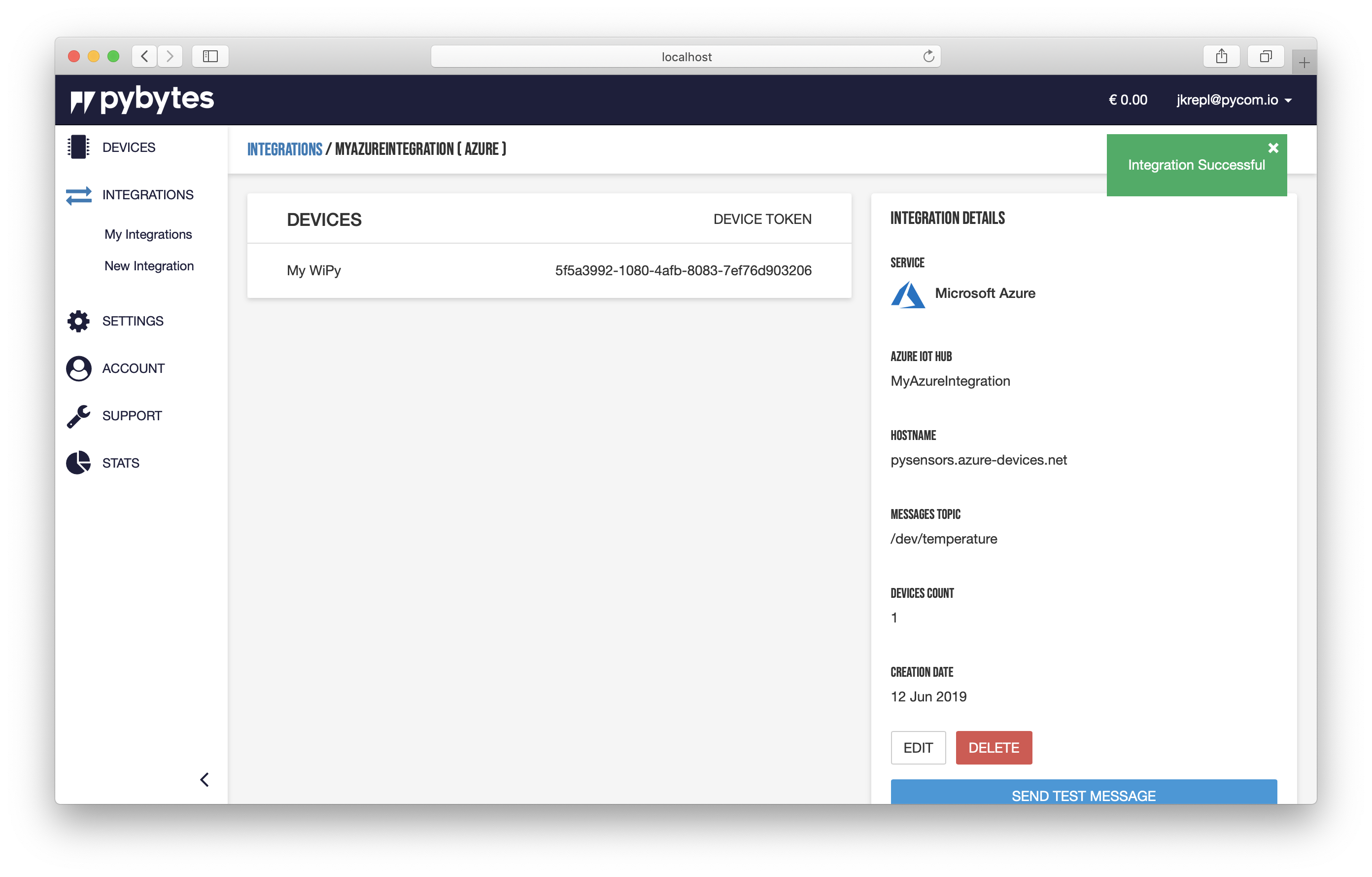 Azure integration&rsquo;s summary